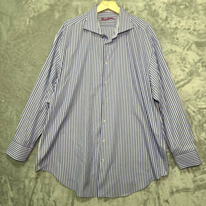 Robert Graham Shirt Mens 46 18 34/35 Big Blue Lavender Stripe Cotton Cuff Tall